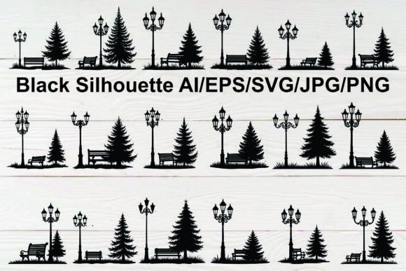 Download Silhouette Park Bench Lamp Posts Set - Premium Resources