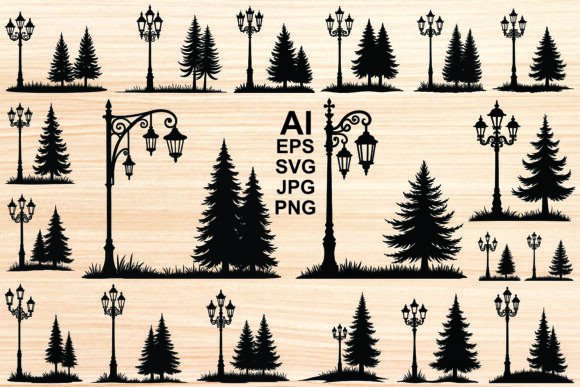 Download Set of Silhouette Lamp Posts and Tree - Set Collection